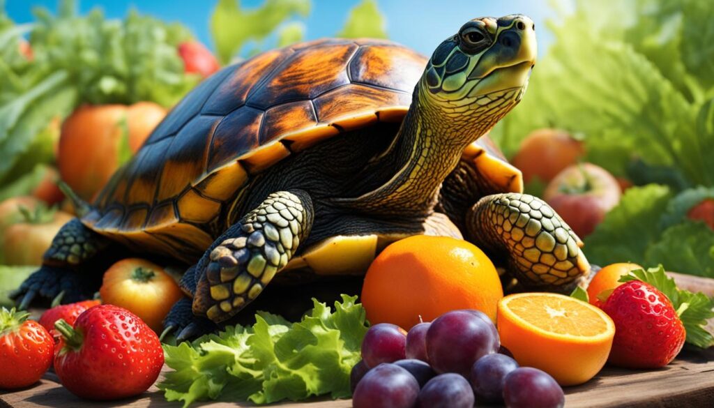Turtle eating fruits and vegetables