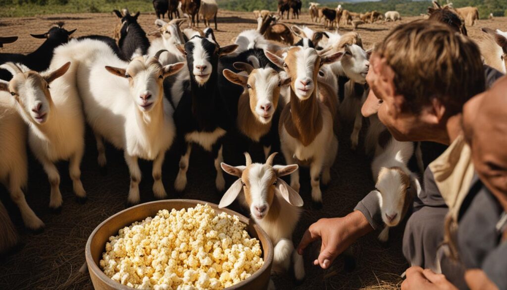 feeding popcorn to goats