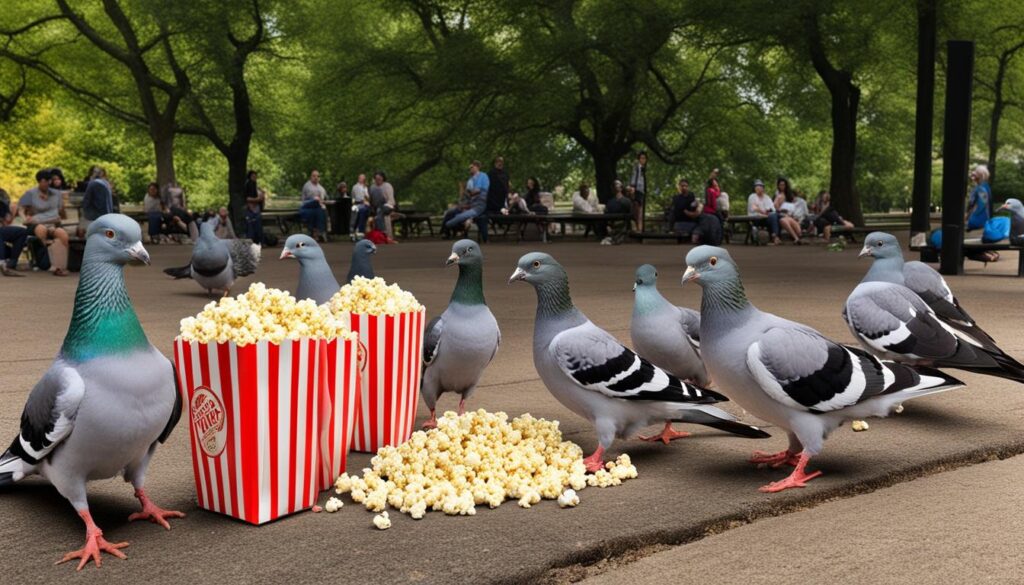 feeding popcorn to pigeons