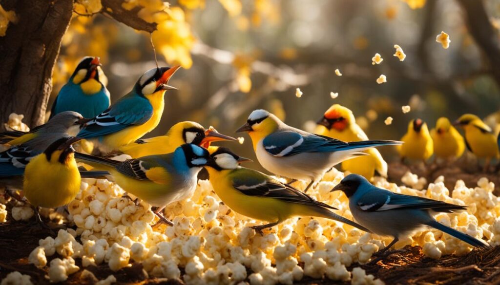 feeding popcorn to wild birds