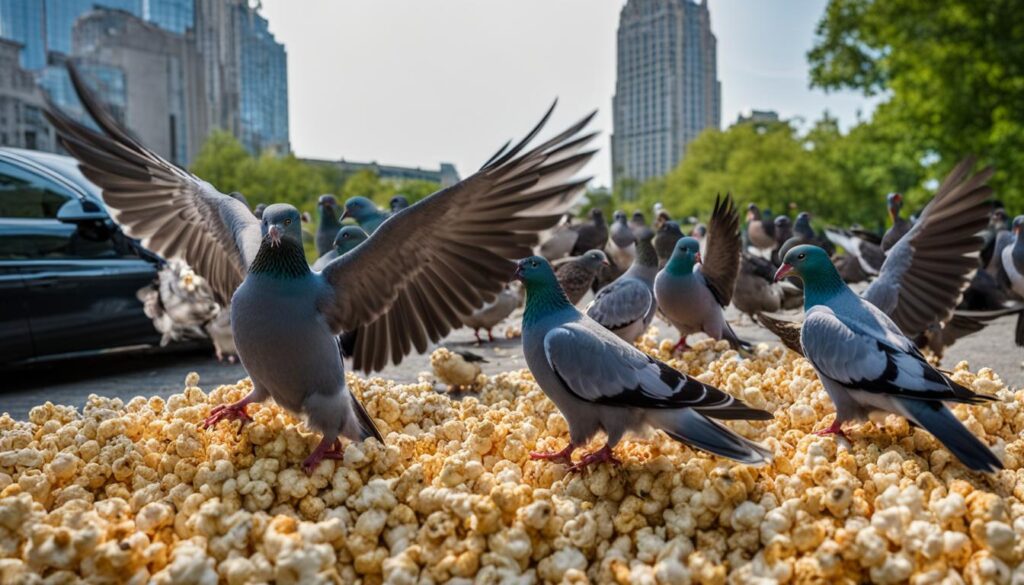 pigeons eating popcorn